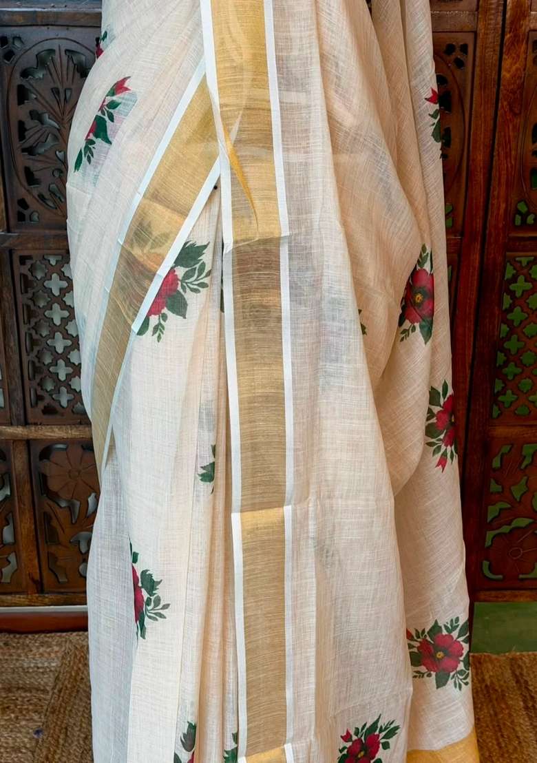 Off White Soft Semi Linen Saree With Traditional Woven Design For Women - Indya