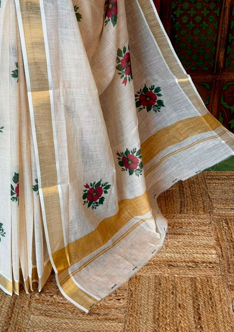 Off White Soft Semi Linen Saree With Traditional Woven Design For Women - Indya
