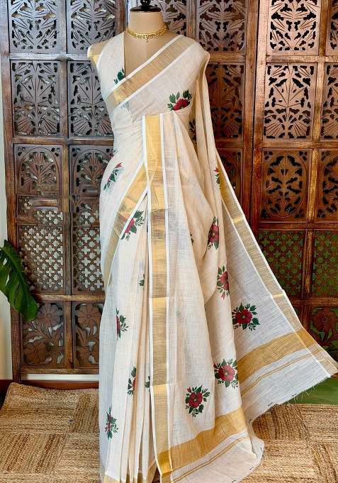 Off White Soft Semi Linen Saree With Traditional Woven Design For Women