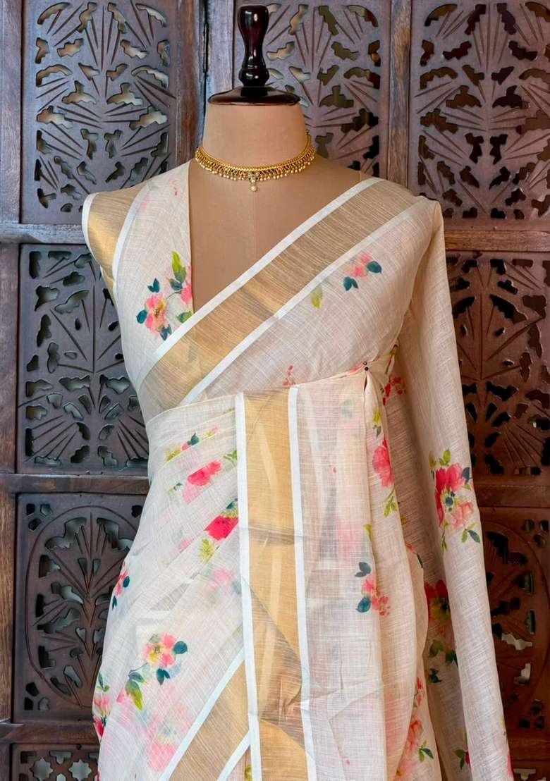 Off White Soft Semi Linen Saree With Traditional Woven Design For Women - Indya