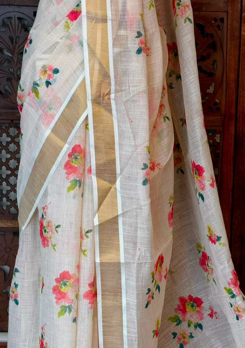 Off White Soft Semi Linen Saree With Traditional Woven Design For Women - Indya