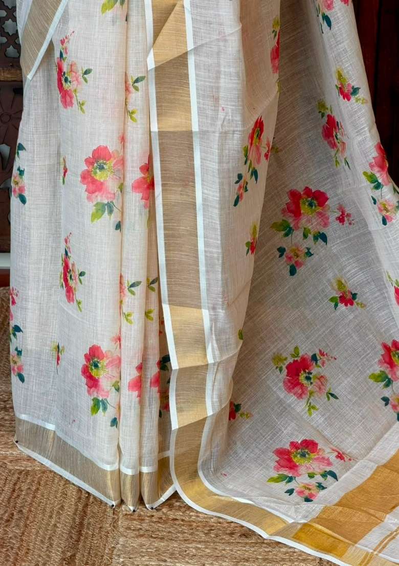 Off White Soft Semi Linen Saree With Traditional Woven Design For Women - Indya