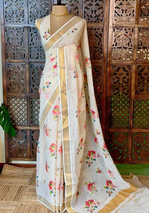 Off White Soft Semi Linen Saree With Traditional Woven Design For Women