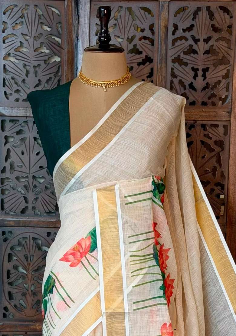 Off White Soft Semi Linen Saree With Traditional Woven Design For Women - Indya