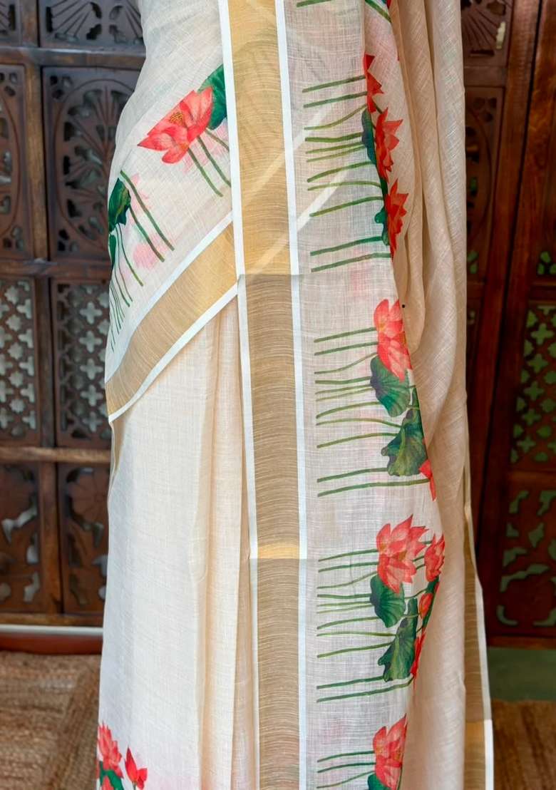 Off White Soft Semi Linen Saree With Traditional Woven Design For Women - Indya