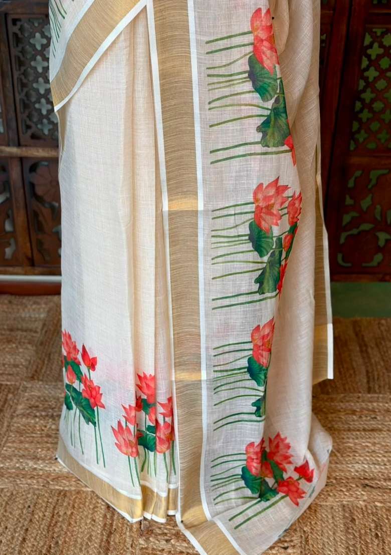 Off White Soft Semi Linen Saree With Traditional Woven Design For Women - Indya