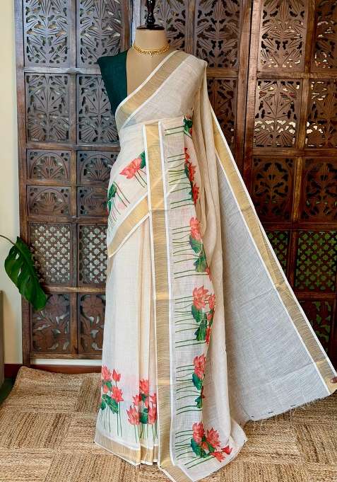 Off White Soft Semi Linen Saree With Traditional Woven Design For Women
