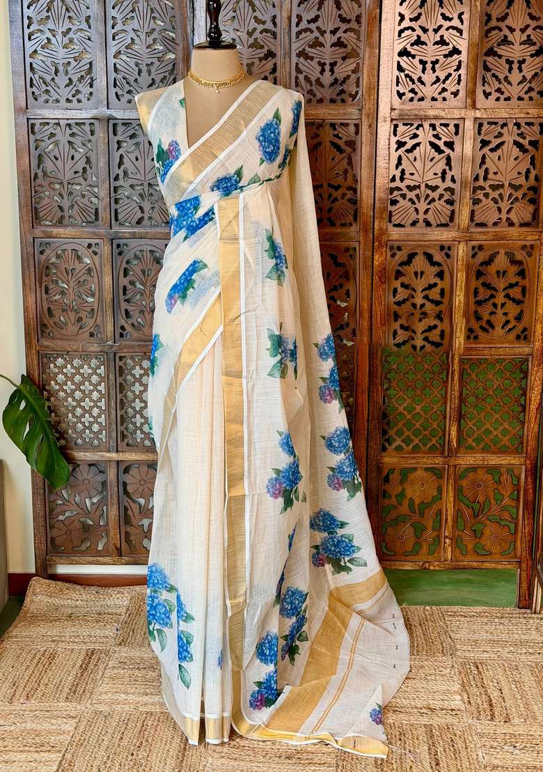 Off White Soft Semi Linen Saree With Traditional Woven Design For Women - Indya