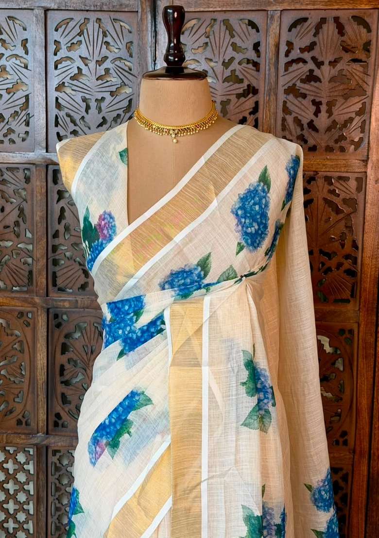Off White Soft Semi Linen Saree With Traditional Woven Design For Women - Indya