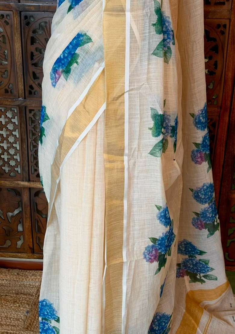 Off White Soft Semi Linen Saree With Traditional Woven Design For Women - Indya