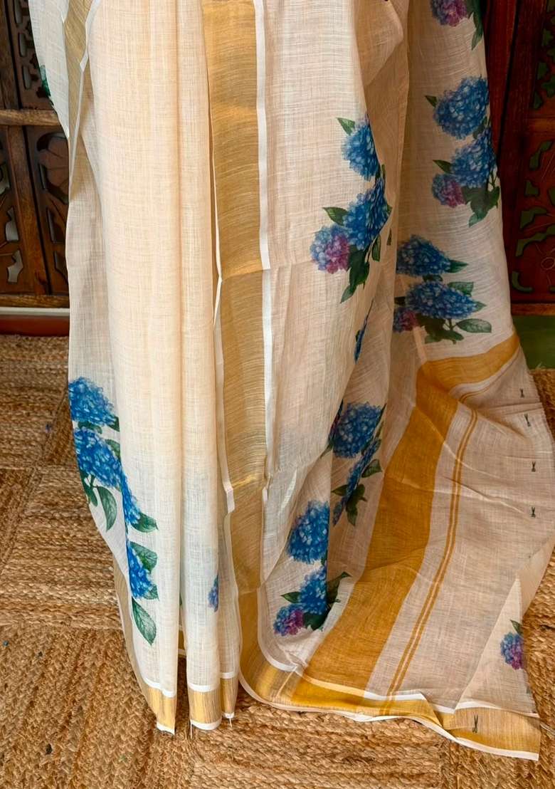 Off White Soft Semi Linen Saree With Traditional Woven Design For Women - Indya