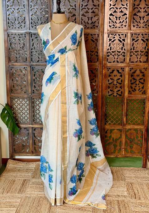Off White Soft Semi Linen Saree With Traditional Woven Design For Women
