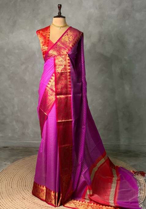 Magenta And Red Banarasi Silk Saree With Traditional Woven Design For Women