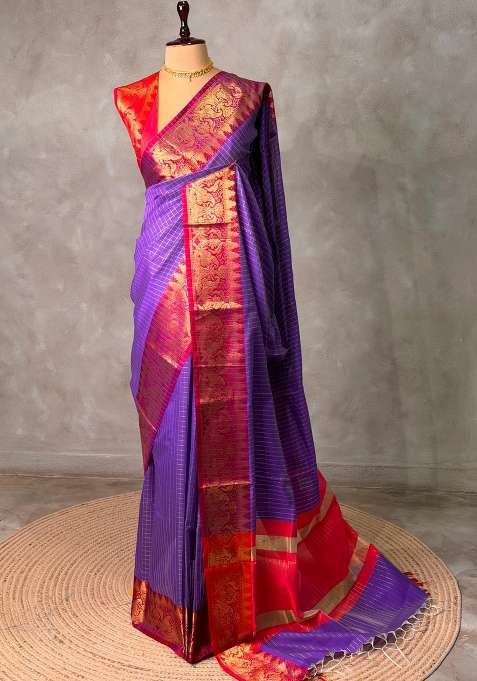 Violet And Red Banarasi Silk Saree With Traditional Woven Design For Women