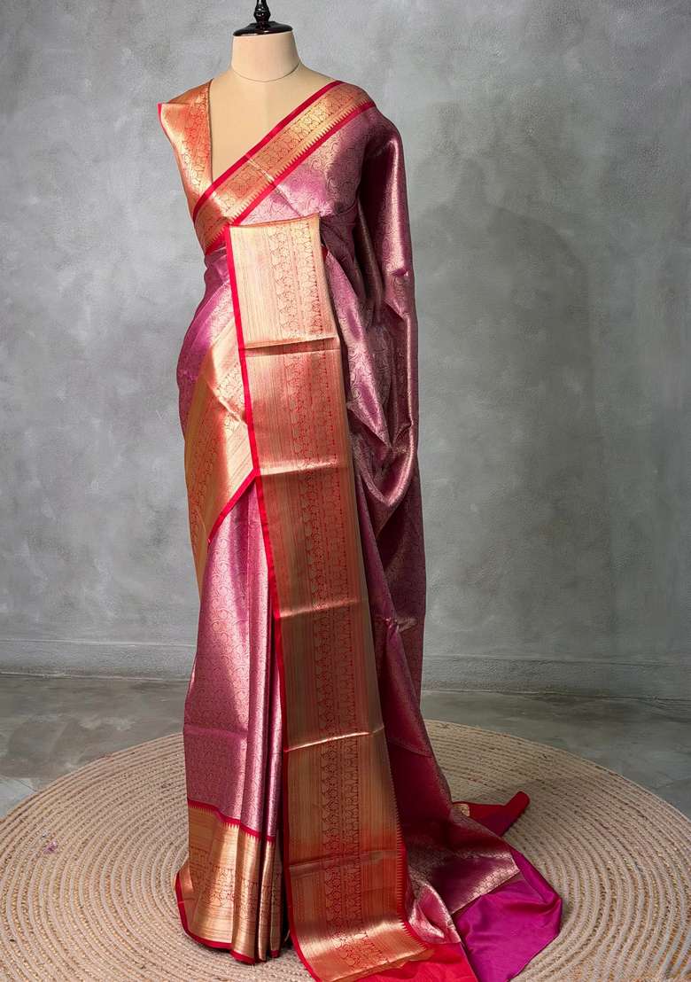 Pink And Red Tissue Banarasi Silk Saree With Traditional Woven Design For Women - Indya
