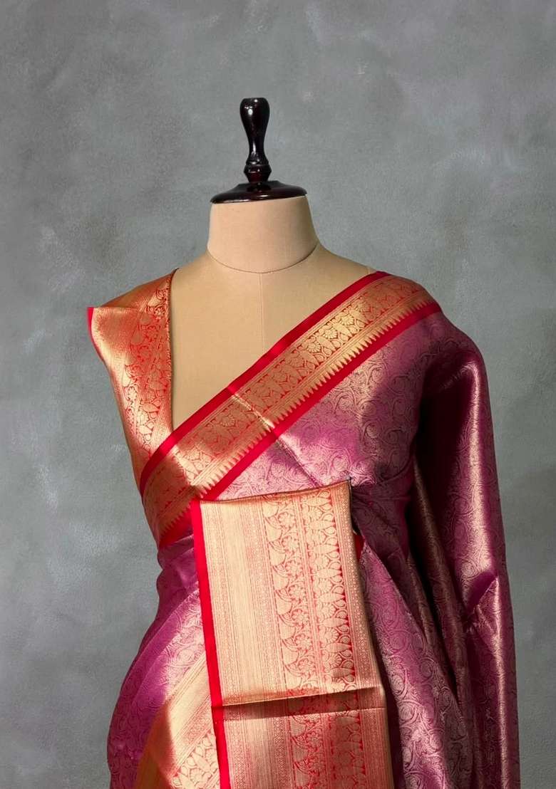 Pink And Red Tissue Banarasi Silk Saree With Traditional Woven Design For Women - Indya