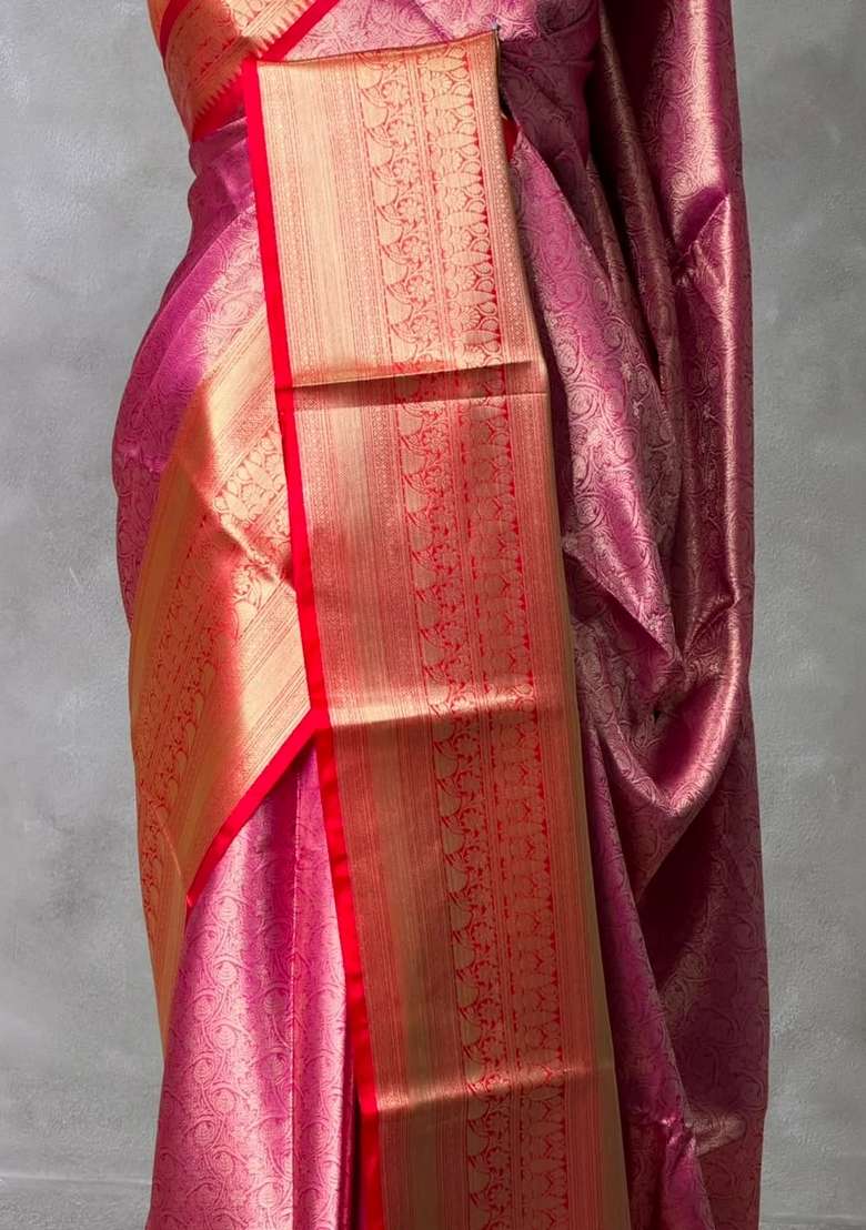 Pink And Red Tissue Banarasi Silk Saree With Traditional Woven Design For Women - Indya