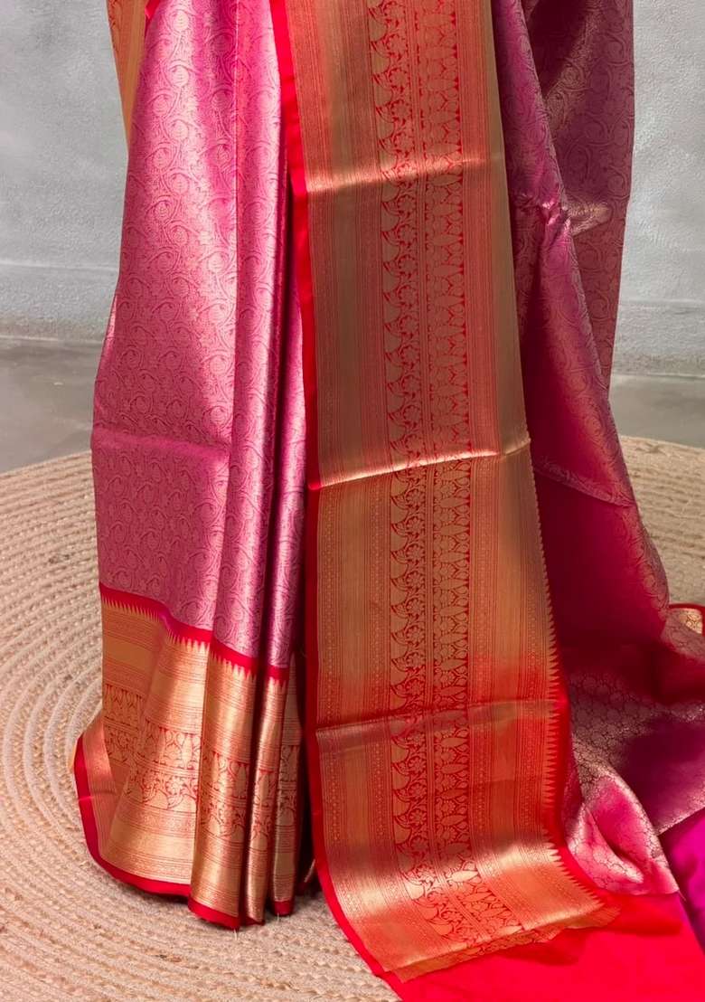 Pink And Red Tissue Banarasi Silk Saree With Traditional Woven Design For Women - Indya