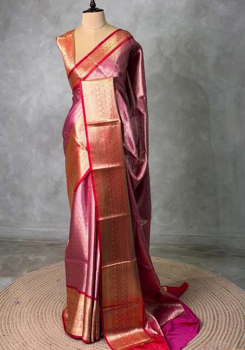Pink And Red Tissue Banarasi Silk Saree With Traditional Woven Design For Women