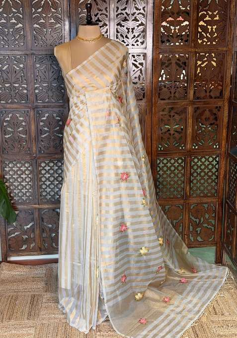 Silver Banarasi Organza Tissue Saree Pasilk4 With Traditional Woven Design For Women