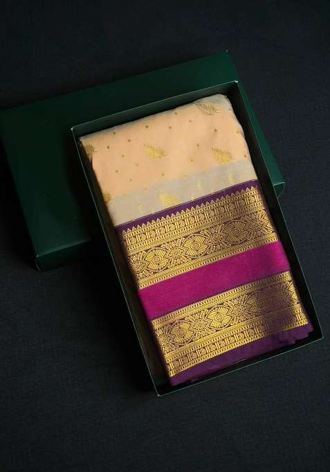 Pastal Peach And Purple Semi Kanchipuram Silk Saree With Traditional Woven Design For Women