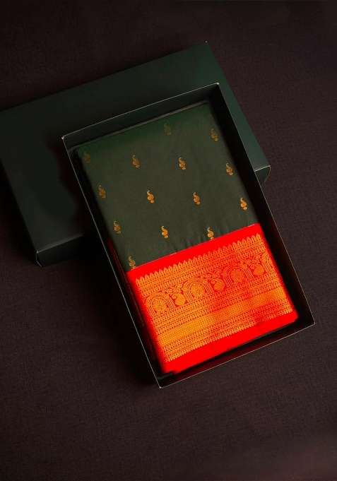Green And Red Semi Kanchipuram Silk Saree With Traditional Woven Design For Women