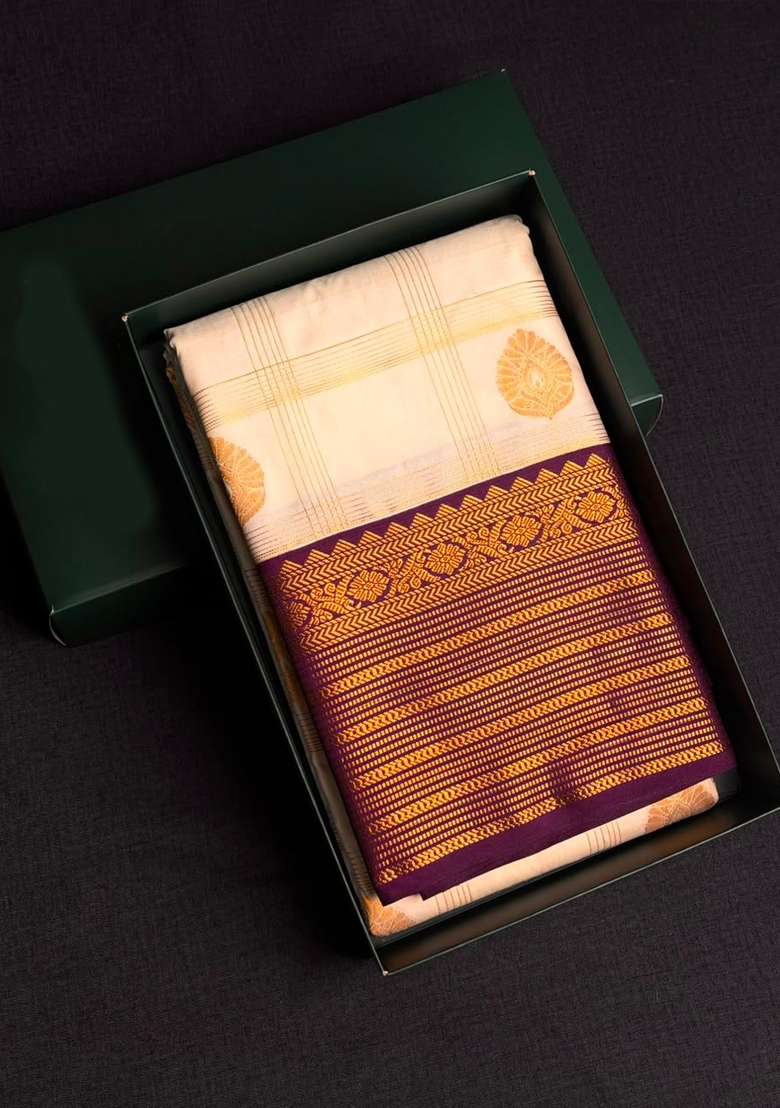Sandal And Violet Semi Kanchipuram Silk Saree With Traditional Woven Design For Women - Indya