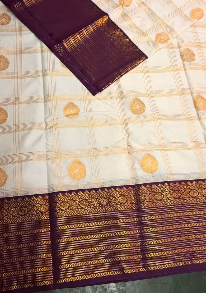 Sandal And Violet Semi Kanchipuram Silk Saree With Traditional Woven Design For Women - Indya