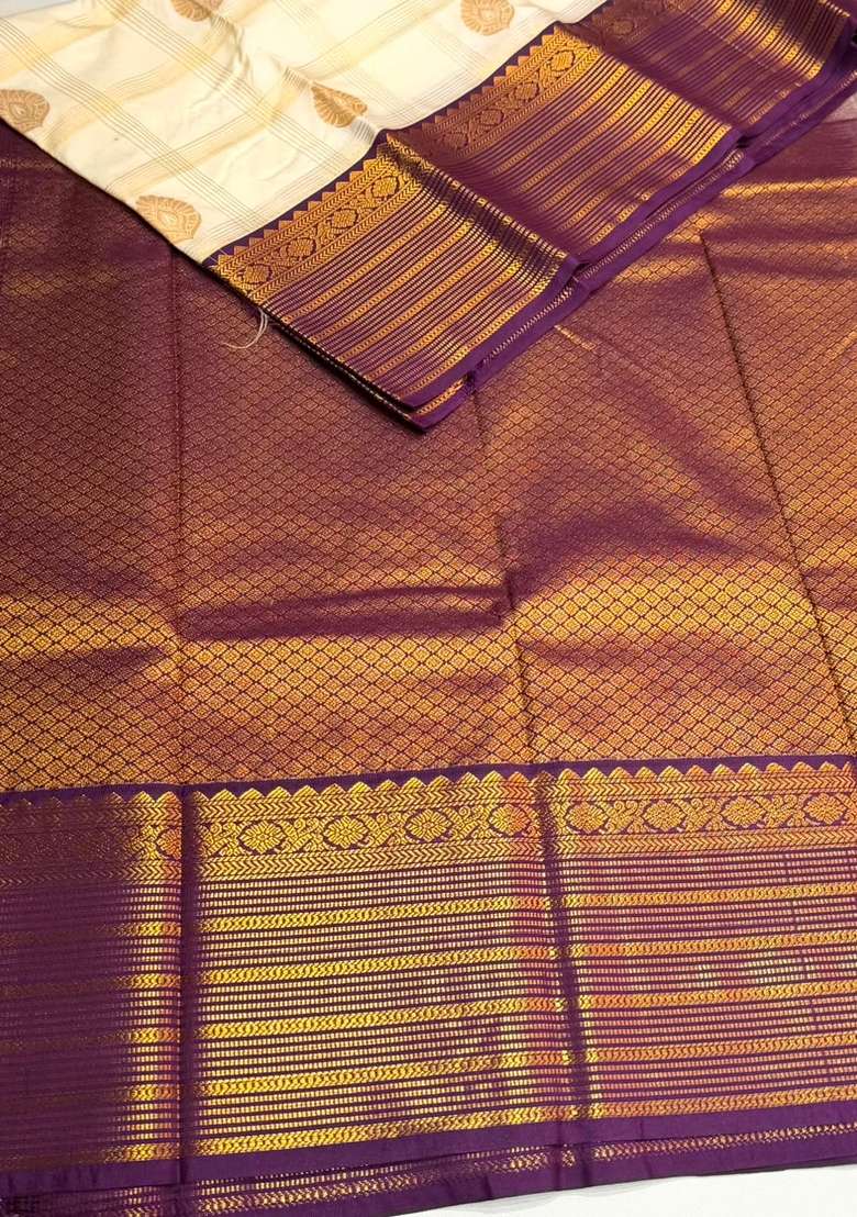 Sandal And Violet Semi Kanchipuram Silk Saree With Traditional Woven Design For Women - Indya
