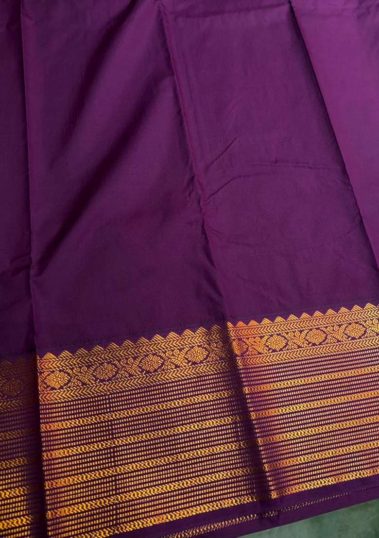 Sandal And Violet Semi Kanchipuram Silk Saree With Traditional Woven Design For Women - Indya