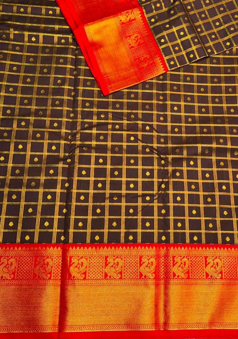 Brown And Red Semi Kanchipuram Silk Saree With Traditional Woven Design For Women - Indya