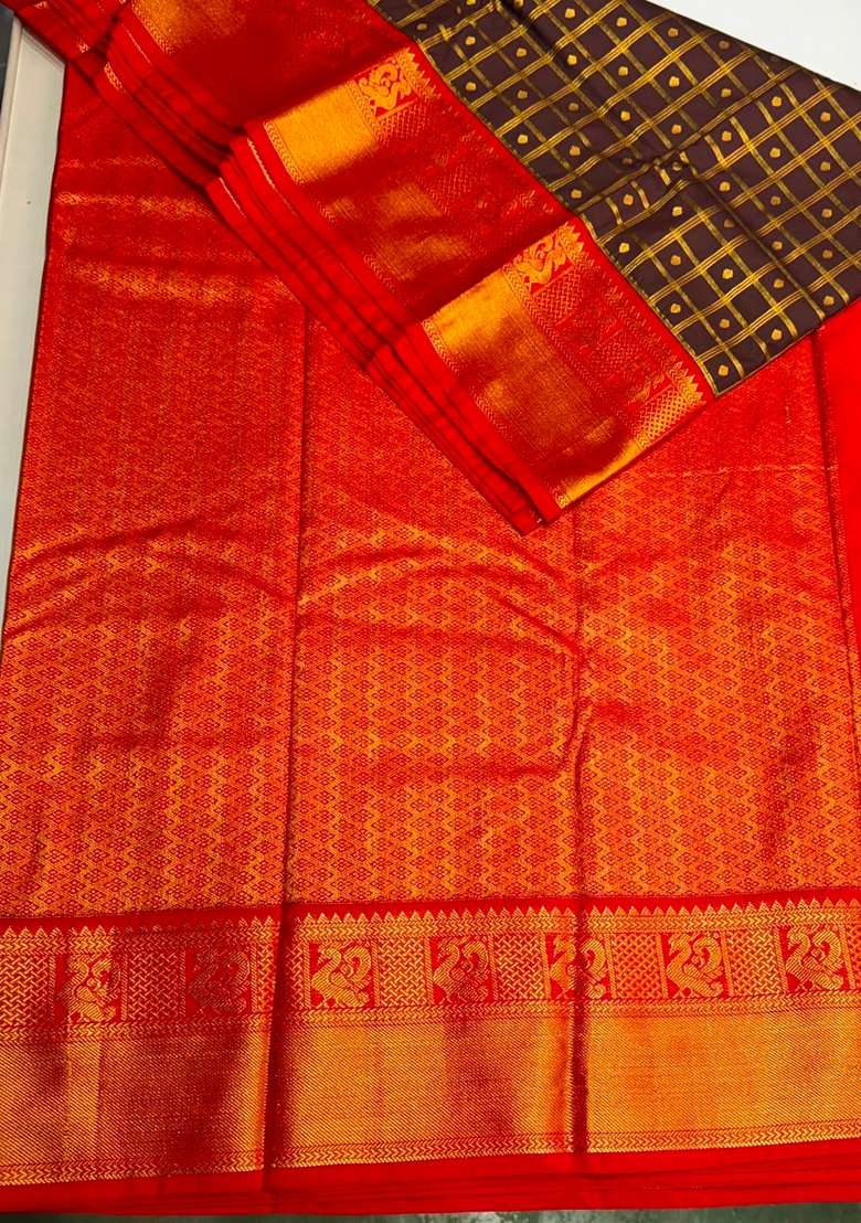 Brown And Red Semi Kanchipuram Silk Saree With Traditional Woven Design For Women - Indya