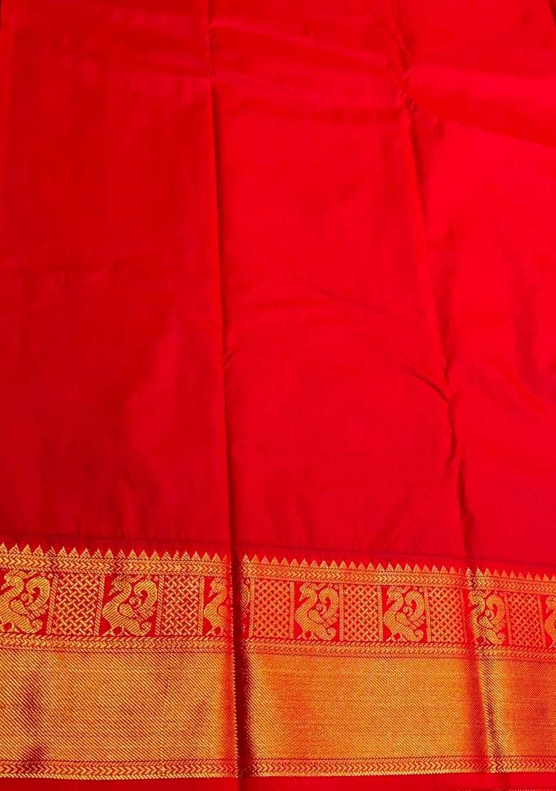 Brown And Red Semi Kanchipuram Silk Saree With Traditional Woven Design For Women - Indya