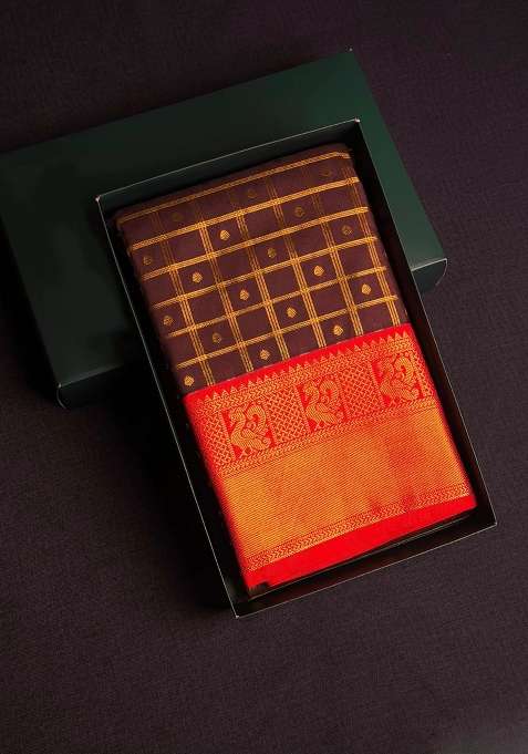 Brown And Red Semi Kanchipuram Silk Saree With Traditional Woven Design For Women