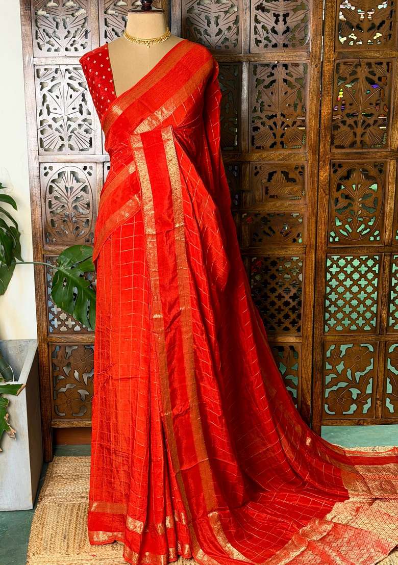 Orange Viscose Crepe Saree With Traditional Woven Design For Women - Indya