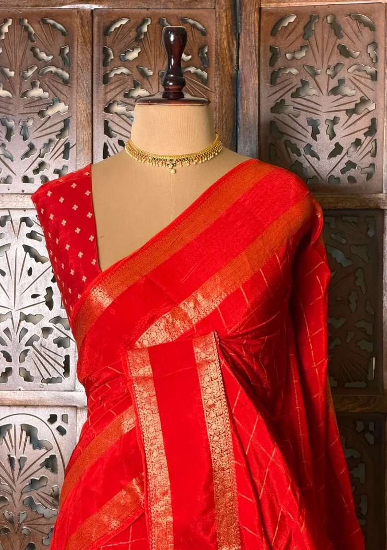 Orange Viscose Crepe Saree With Traditional Woven Design For Women - Indya