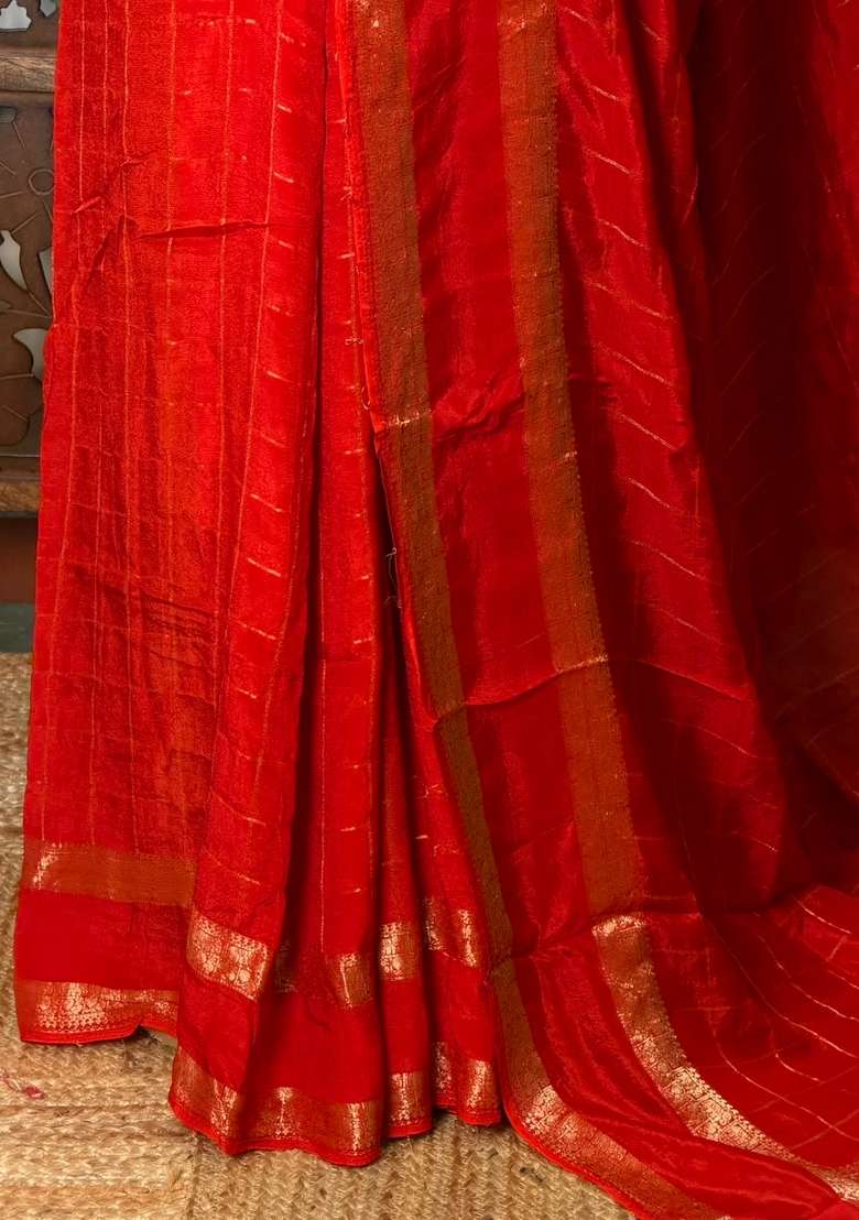 Orange Viscose Crepe Saree With Traditional Woven Design For Women - Indya