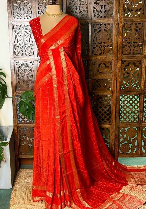 Orange Viscose Crepe Saree With Traditional Woven Design For Women