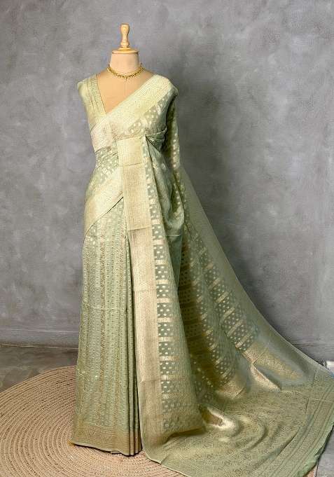 Pastal Green Banarasi Gerogette Pure Silk Saree With Traditional Woven Design For Women