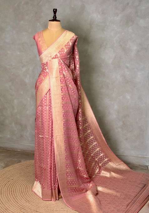 Pink Banarasi Gerogette Pure Silk Saree With Traditional Woven Design For Women