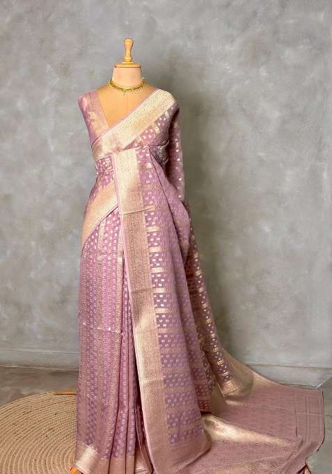 Onion Pink Banarasi Gerogette Pure Silk Saree With Traditional Woven Design For Women
