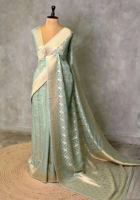 Aqua Blue Banarasi Gerogette Pure Silk Saree With Traditional Woven Design For Women