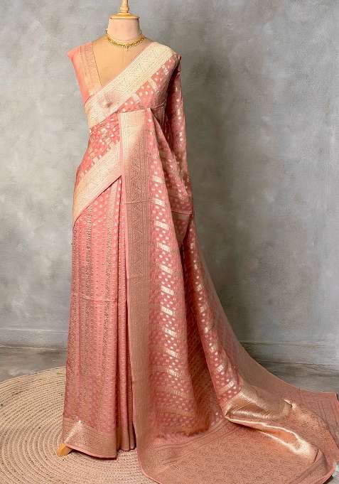Peach Banarasi Gerogette Pure Silk Saree With Traditional Woven Design For Women