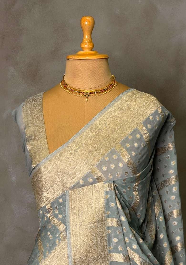 Bluish Grey Banarasi Gerogette Pure Silk Saree With Traditional Woven Design For Women - Indya