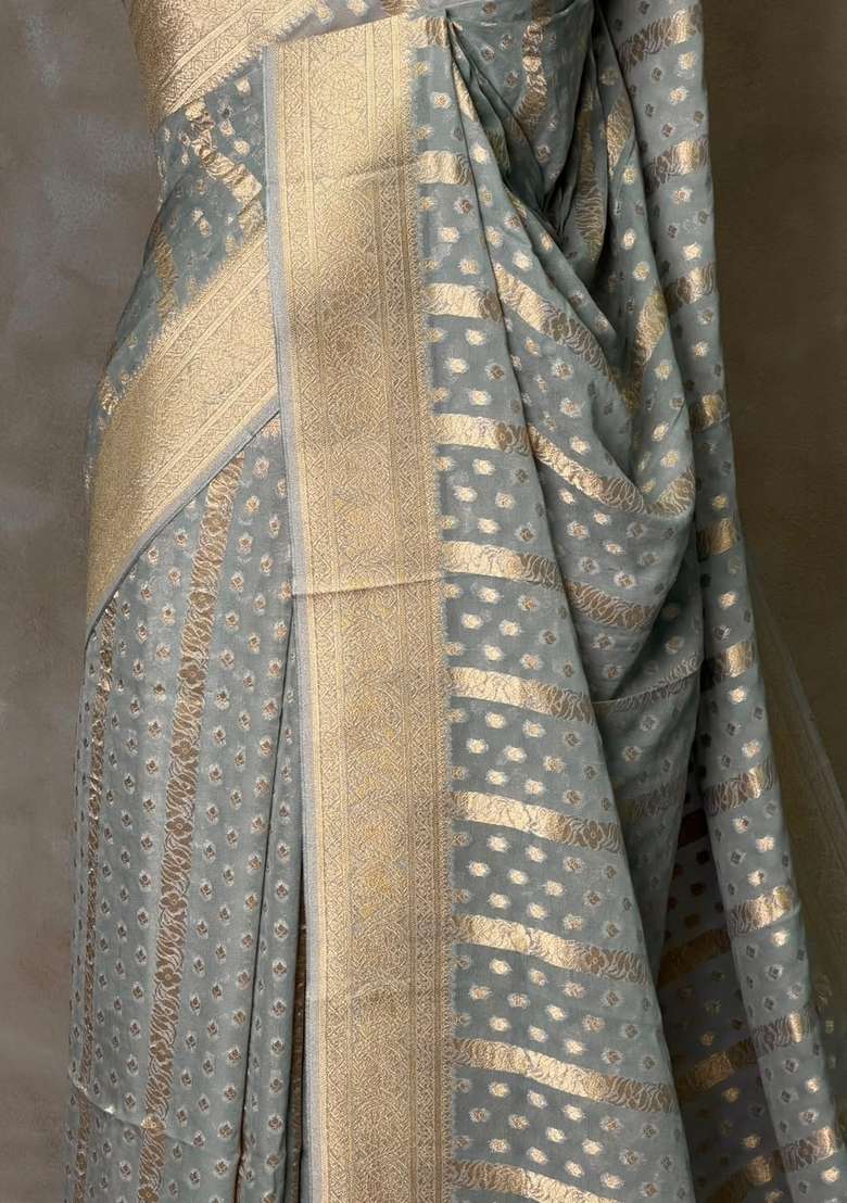 Bluish Grey Banarasi Gerogette Pure Silk Saree With Traditional Woven Design For Women - Indya