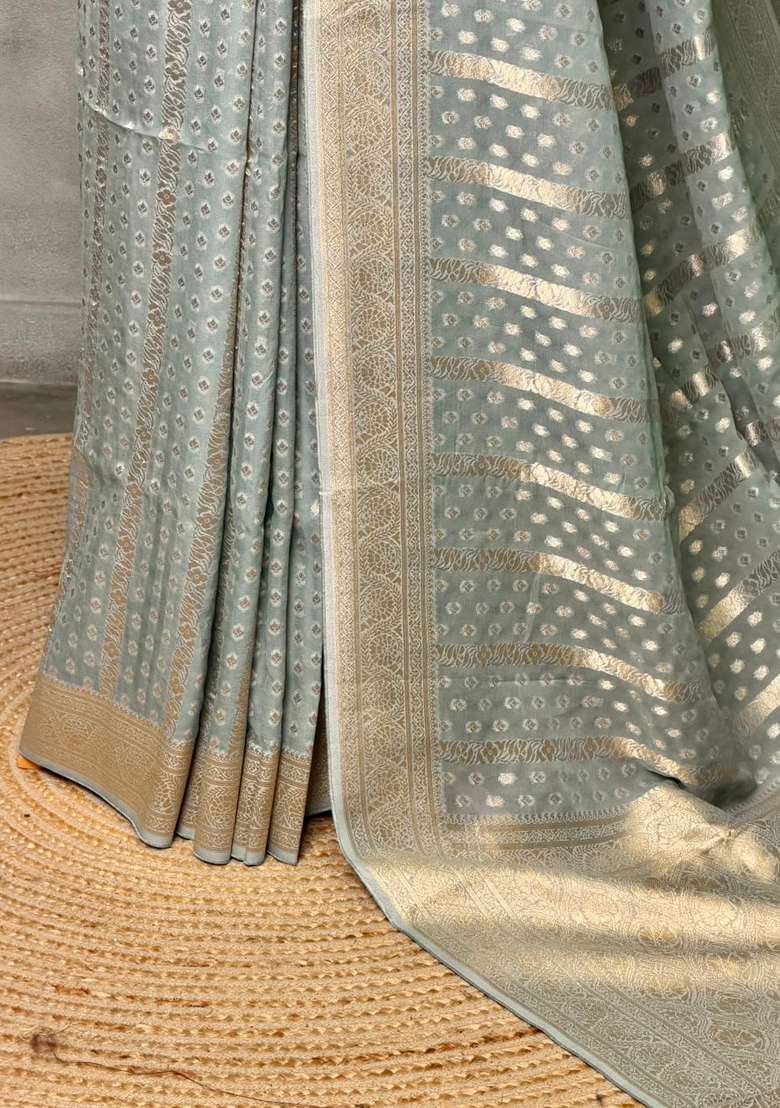 Bluish Grey Banarasi Gerogette Pure Silk Saree With Traditional Woven Design For Women - Indya
