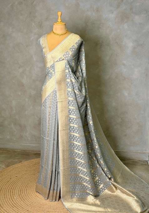 Bluish Grey Banarasi Gerogette Pure Silk Saree With Traditional Woven Design For Women