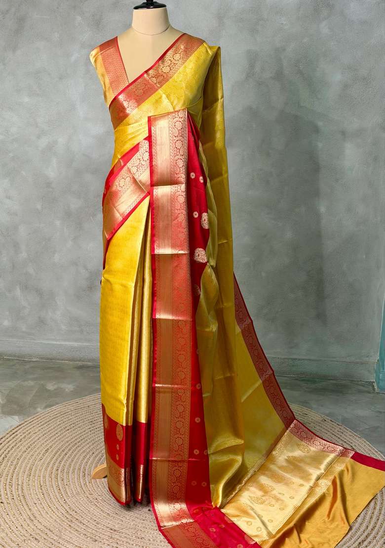 Yellow And Red Tissue Banarasi Silk Saree With Traditional Woven Design For Women - Indya