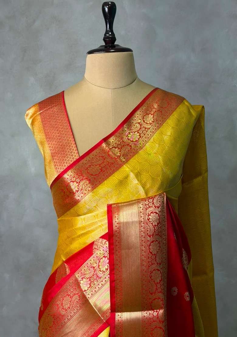Yellow And Red Tissue Banarasi Silk Saree With Traditional Woven Design For Women - Indya