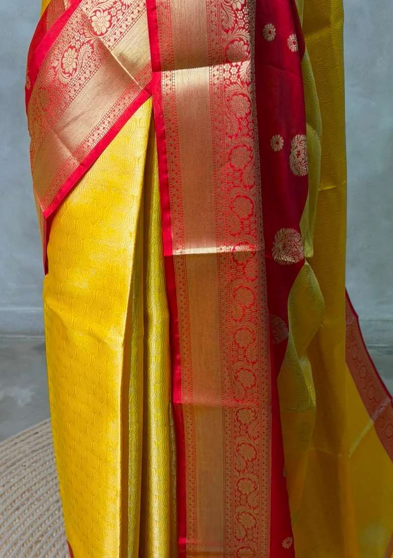 Yellow And Red Tissue Banarasi Silk Saree With Traditional Woven Design For Women - Indya